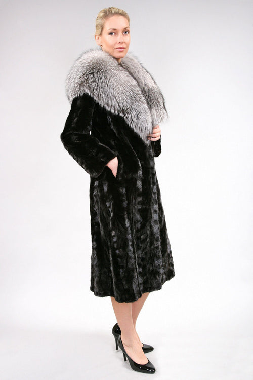 Black mink fur coat with fox fur collar, luxury Canadian outerwear by Starlight Furs Montreal