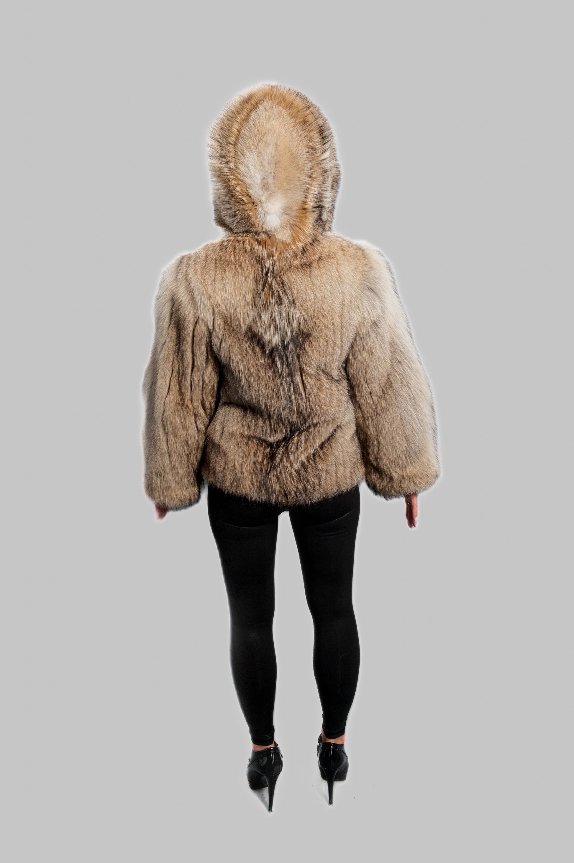 Custom Made Coyote Fur Jacket with Hood and Fox Fur Trim