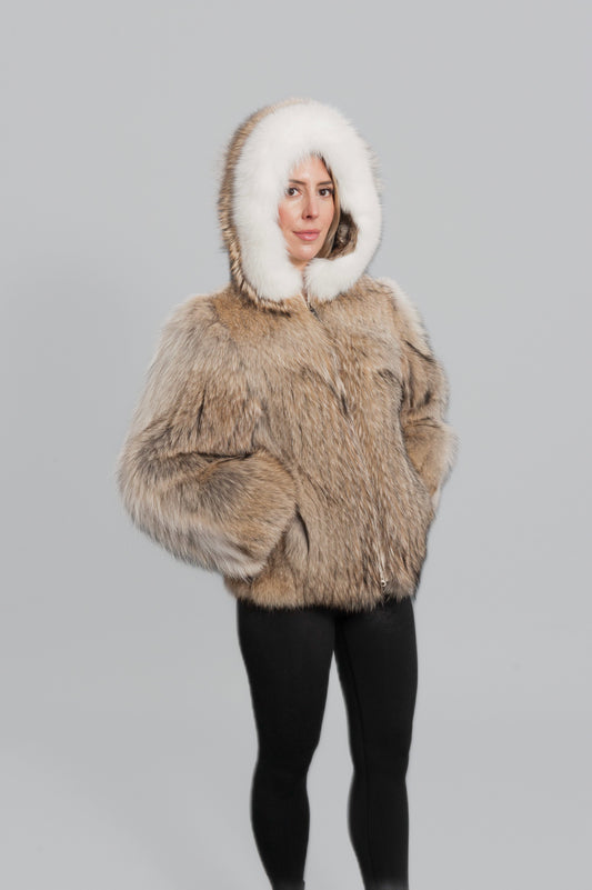 Coyote Jacket with Fox Trim Hood Starlight Furs 