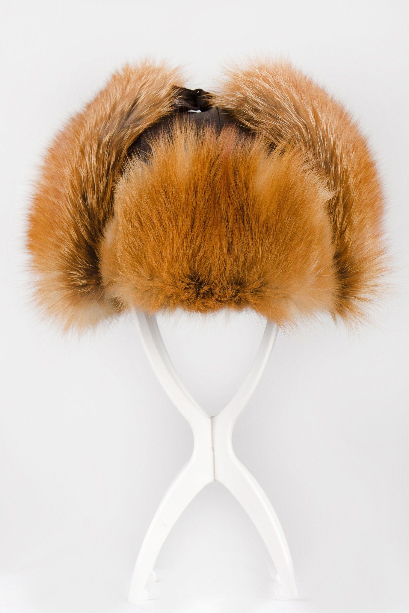 Red fox fur aviator hat, luxury winter accessory handcrafted in Montreal by Starlight Furs