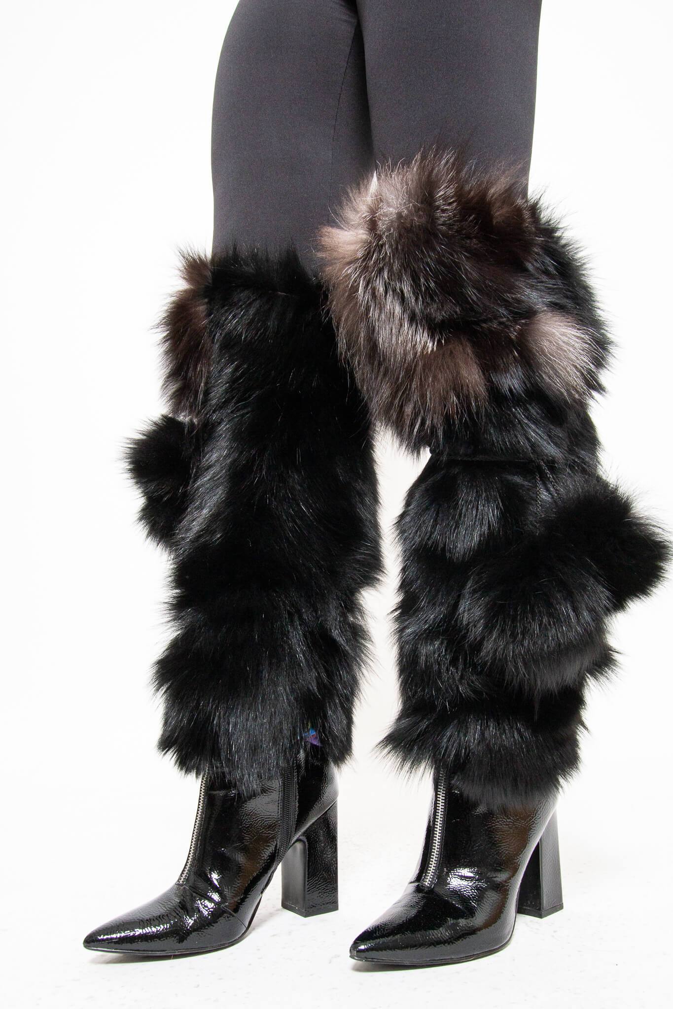 Fox Fur Boot Covers With Pom Pom Accessories Starlight Furs Black Fox Fur with Silver Fox Fur Trim 14" 