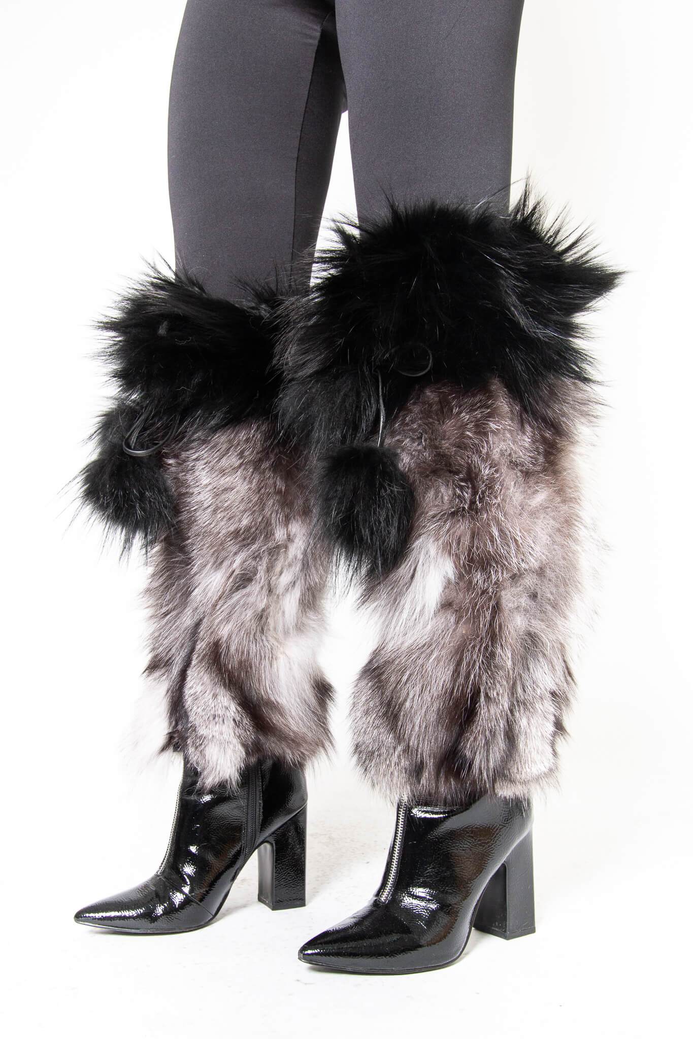 Fox Fur Boot Covers With Pom Pom Accessories Starlight Furs Silver Fox Fur with Black Fox Fur Trim 17" 