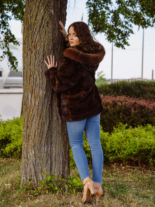 Hooded Mink Jacket with Fox Fur Trim Starlight Furs 