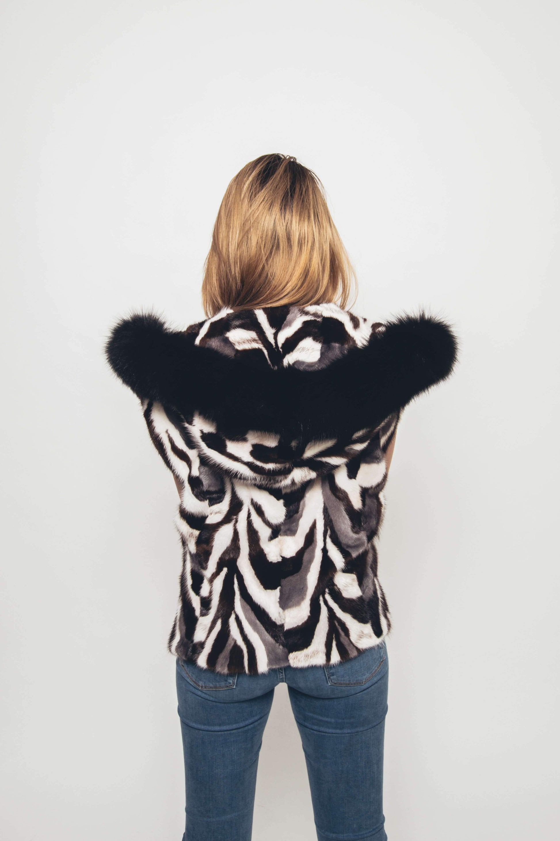 Hooded Mink Multi-tones Patchwork Vest with Fox Trim Vests Starlight Furs 