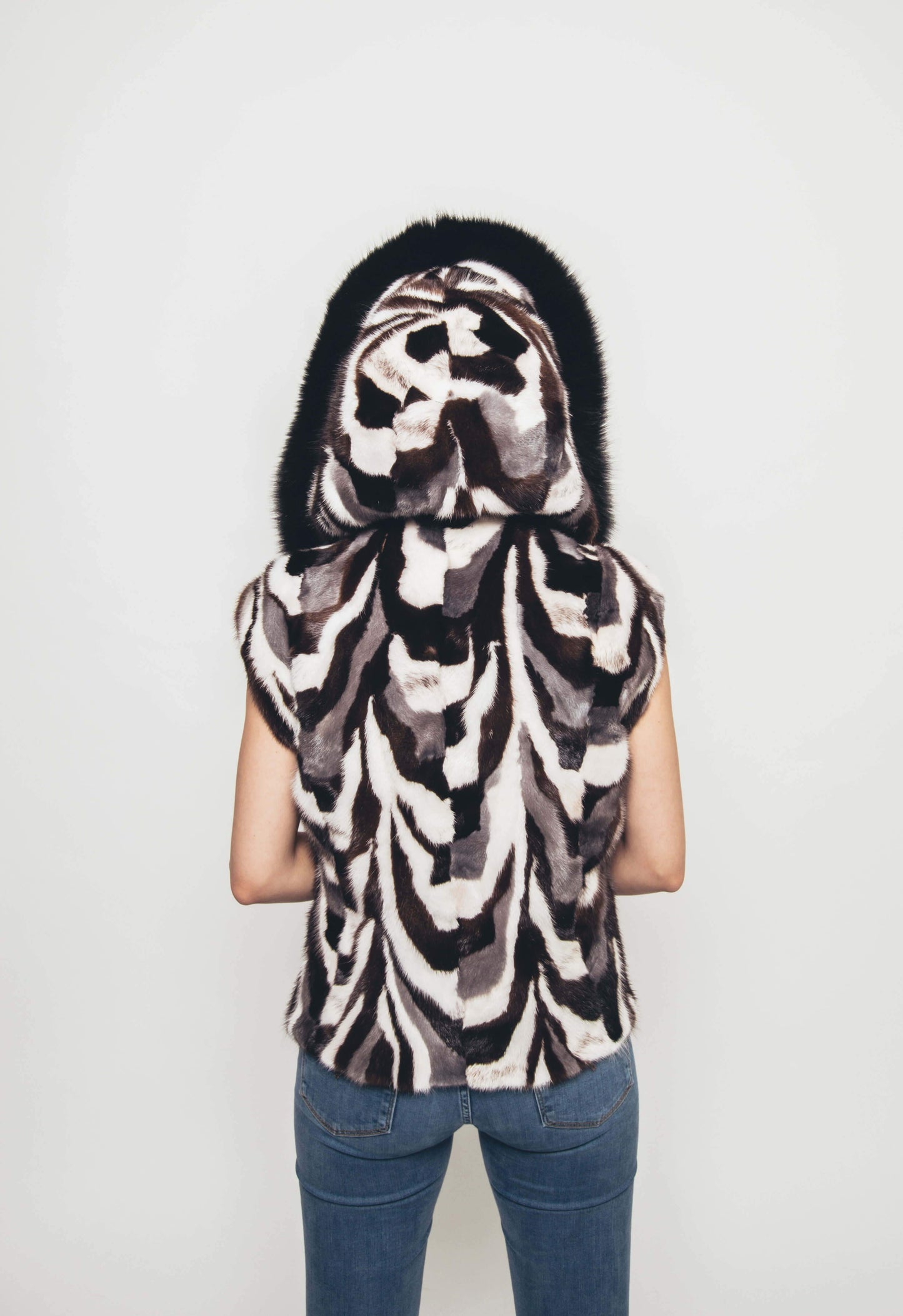 Hooded Mink Multi-tones Patchwork Vest with Fox Trim Vests Starlight Furs 