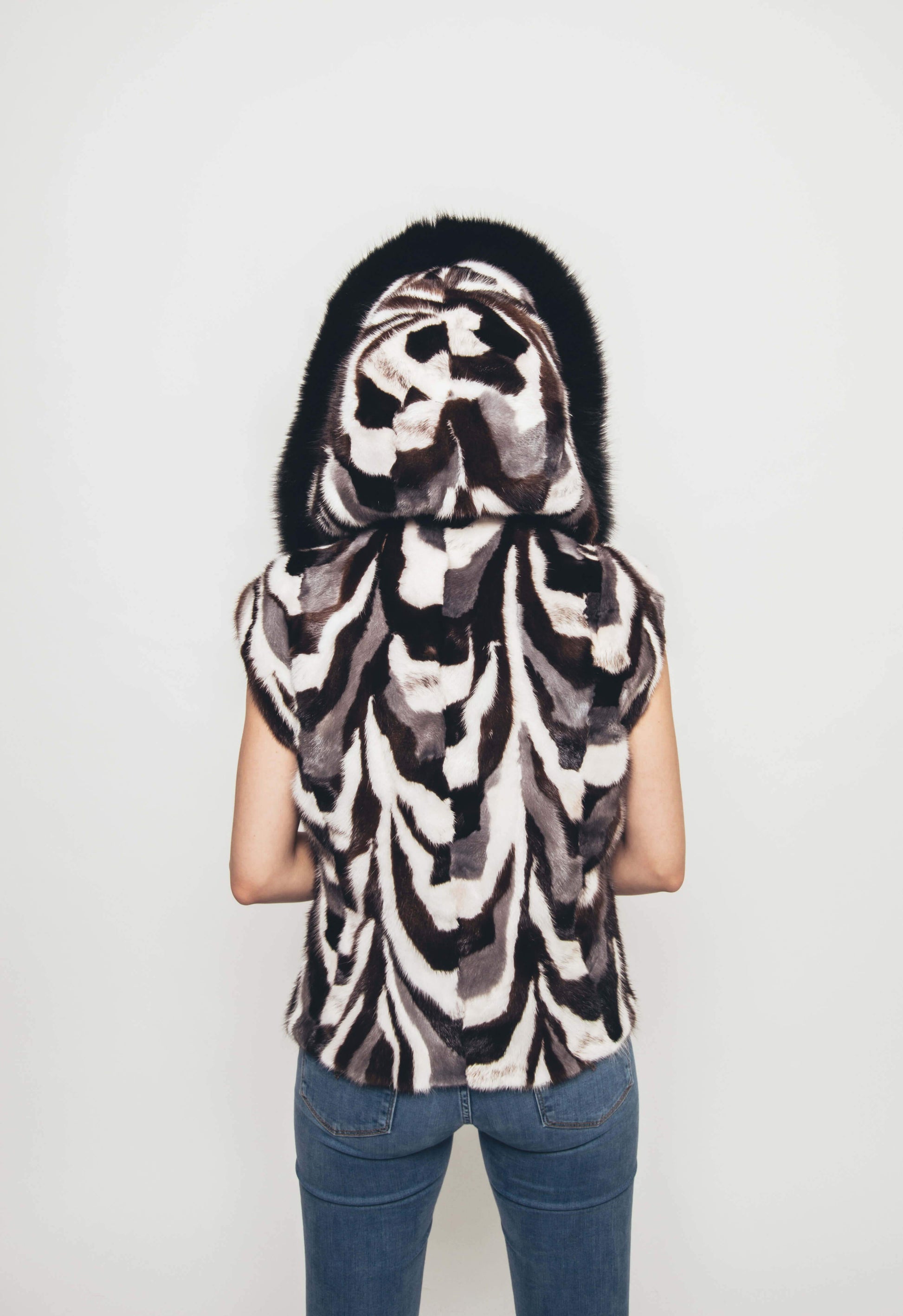Hooded Mink Multi-tones Patchwork Vest with Fox Trim Vests Starlight Furs 