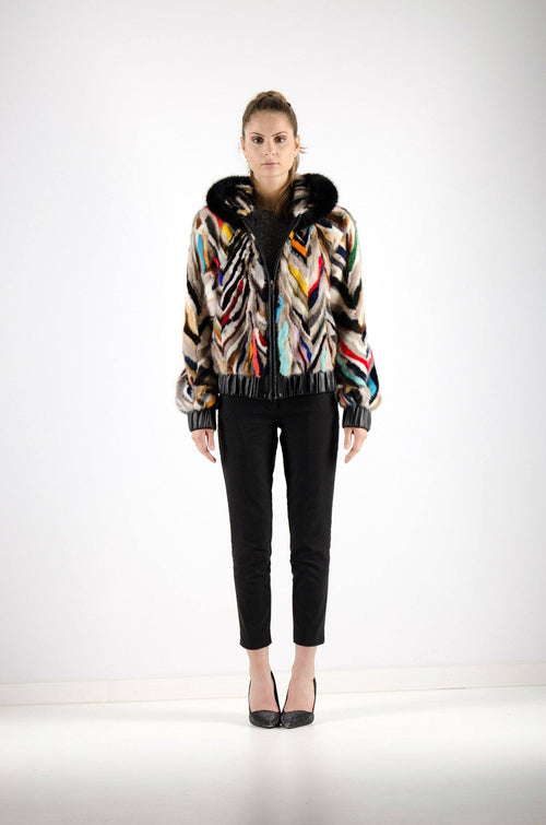 Multicolor mink hooded bomber jacket with black fox trim, luxury fur outerwear by Starlight Furs Montreal 