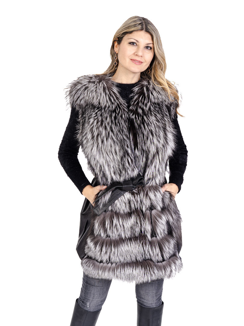 Leather and Silver Fox Fur Vest Vests Starlight Furs Medium 