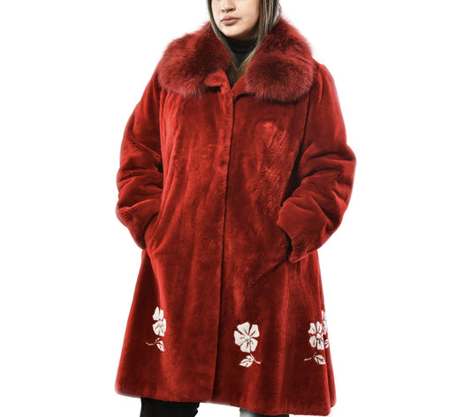 Red Sheared Beaver with White Flowers Coats Starlight Furs 