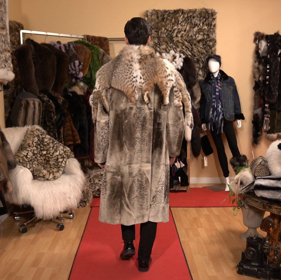 Viking Style Long Coat Nutria with Lynx Collar Starlight Furs 