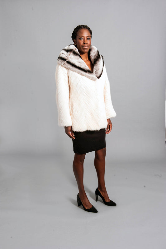 White Mink Jacket with Rabbit Collar Hood Starlight Furs 