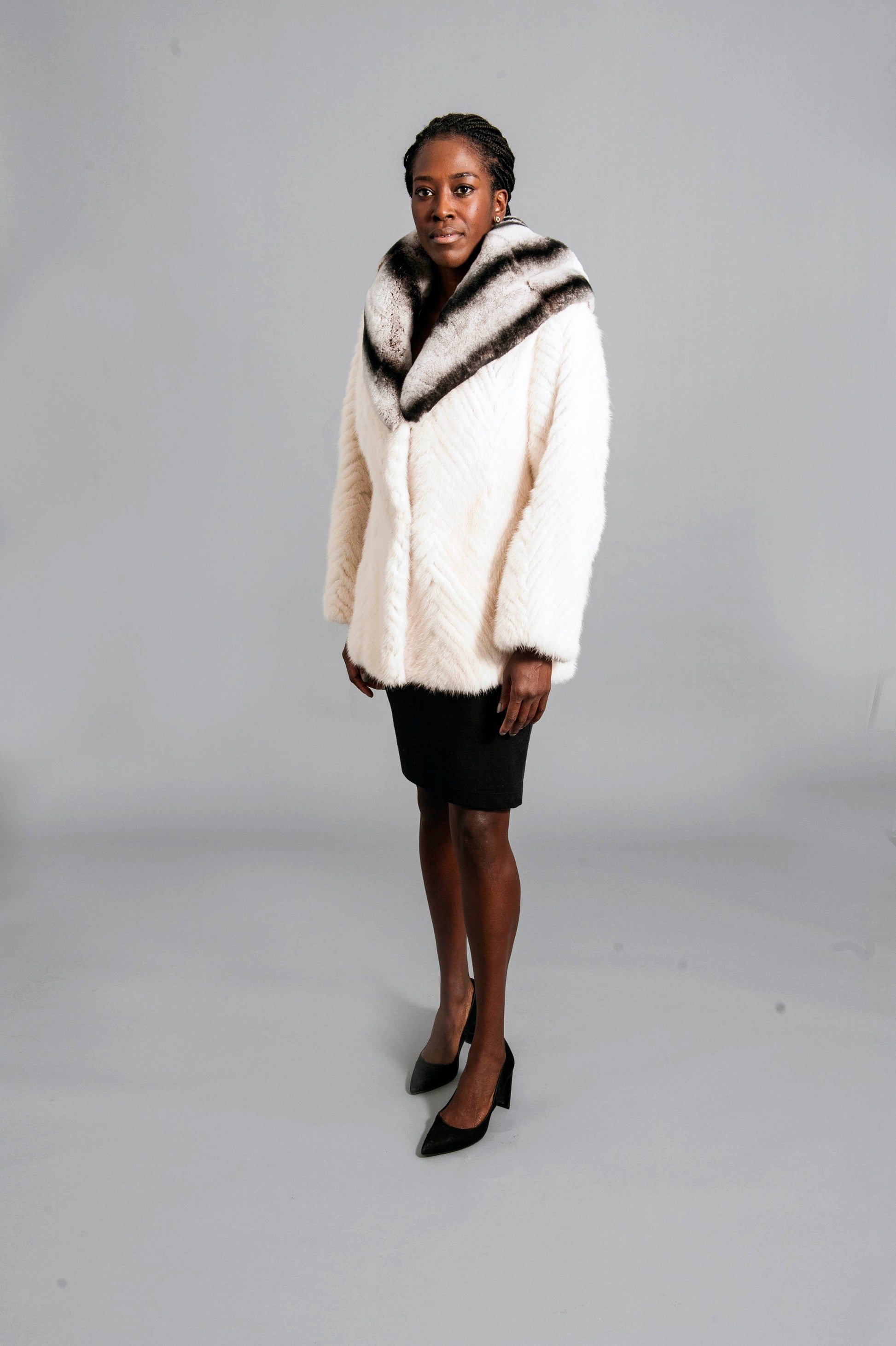 White Mink Jacket with Rabbit Collar Hood Starlight Furs 